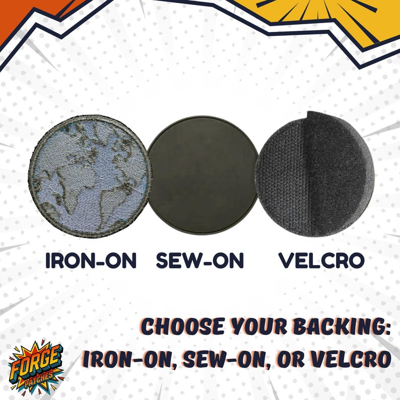 May include: Three circular patches showing backing options: an iron-on patch with a blue and grey world map, a solid dark grey sew-on patch, and a black velcro patch. Text reads: IRON-ON, SEW-ON, VELCRO, and CHOOSE YOUR BACKING: IRON-ON, SEW-ON, OR VELCRO.