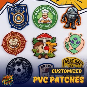 May include: A collection of nine colorful PVC patches featuring various designs including an archery target, a baker, a robot, a ship, mushrooms, an alien, a soccer ball, a coffee cup, and a bee, with the text CUSTOMIZED PVC PATCHES.