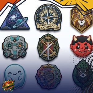 May include: A collection of nine embroidered patches featuring diverse designs including a galaxy triangle, a compass with the text NAVIGATE COMPASS, a lion head, a robotic mask, a crest with swords, a red demon face, a ghost, a mandala, and an owl.