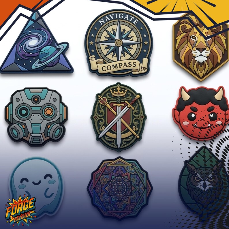 May include: A collection of nine embroidered patches featuring diverse designs including a galaxy triangle, a compass with the text NAVIGATE COMPASS, a lion head, a robotic mask, a crest with swords, a red demon face, a ghost, a mandala, and an owl.