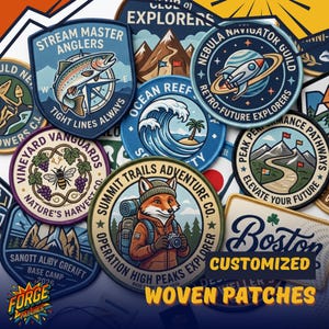May include: A selection of circular woven patches with diverse designs and vibrant colours. The patches depict themes of adventure, nature, and exploration. Text includes "Stream Master Anglers," "Summit Trails Adventure Co.," and "Boston." The image also features the text "Customised Woven Patches."