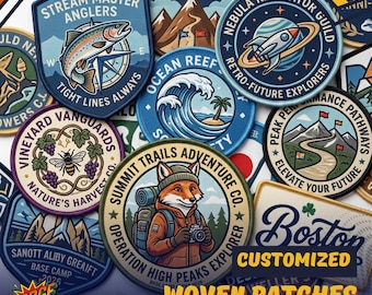 May include: A collection of colorful, round woven patches with various designs. Themes include outdoor adventures, nature, and exploration. Patches feature text like "Stream Master Anglers," "Summit Trails Adventure Co.," and "Boston." The image also includes the text "Customized Woven Patches."