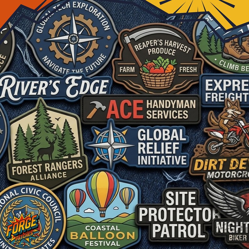 May include: A collection of various embroidered patches featuring diverse designs including a compass, a basket of vegetables, a forest scene with a deer, a hot air balloon, a motorcycle rider, and text labels like River's Edge, Ace Handyman Services, and Global Relief Initiative.