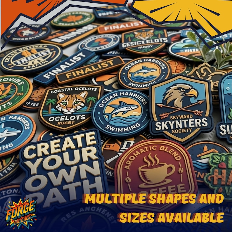 May include: A collection of various rubberised patches in diverse shapes and colours, featuring graphic designs like an eagle, a coffee cup, and an ocelot. Text includes 'CREATE YOUR OWN PATH', 'SKYWARD SKYNTERS SOCIETY', and 'OCEAN HARRIERS SWIMMING'.