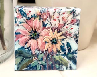 Original Pink Floral Painting, Resin Canvas, Cottagecore Botanical Art, Pastel Daisy Artwork