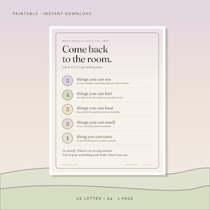 May include: A printable grounding exercise chart with the text: When anxiety pulls you away, Come back to the room. The 5-4-3-2-1 grounding reset. It lists five senses with corresponding numbers in colored circles, ending with: Go slowly. There's no wrong answer.