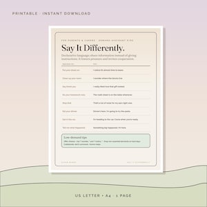 May include: A printable document titled Say It Differently for parents and carers of demand-avoidant kids. It features a table comparing direct instructions with declarative language alternatives, plus a section for low-demand tips.
