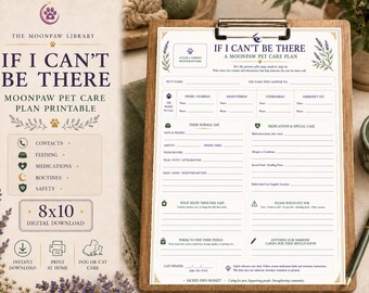 Istruzioni stampabili per chi si prende cura di animali domestici, piano di cura per cani o gatti, download digitale 8x10