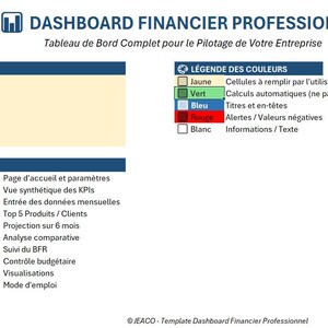 May include: A financial dashboard template in French, titled "DASHBOARD FINANCIER PROFESSIONNEL." It features sections for company parameters, a summary of sheets, and a color legend. The template includes text and data fields.