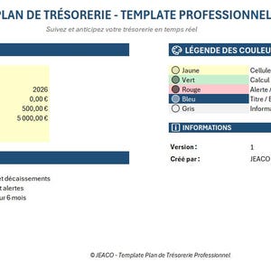May include: A professional treasury plan template in blue and white, with sections for company parameters, navigation, and colour legends. The template includes text in French, such as "Plan de Trésorerie" and "Template Professionnel."