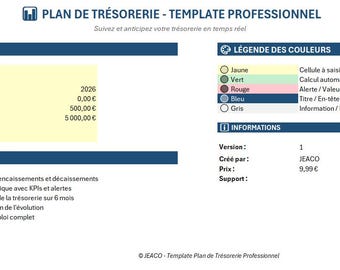 Un plan de trésorerie Excel complet pour suivre votre cash‑flow, analyser vos dépenses et anticiper votre trésorerie sur 6 mois.