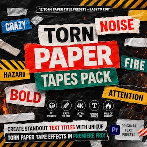Può includere: Un pacchetto grafico digitale con 12 preset di titoli in carta strappata con elementi testuali tra cui CRAZY, NOISE, FIRE, HAZARD, BOLD e ATTENTION. Il design mostra il testo TORN PAPER TAPES PACK su uno sfondo nero con accenti di fuoco.