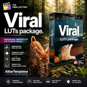 May include: A digital product box for the Viral LUTs package designed for Final Cut Pro. The box features a scenic water image, text, and a hand graphic. The background shows a fawn in a forest. Includes icons for cinematic color grading.