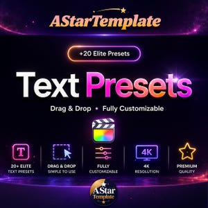 May include: A promotional graphic with the text "Text Presets" in white and pink. The image advertises a product with features like "Drag & Drop" and "Fully Customizable." Icons highlight "20+ Elite Text Presets," "4K Resolution," and "Premium Quality."