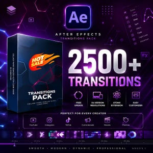 May include: A promotional graphic for After Effects transitions. The image features a dark blue box with the text "Transitions Pack" and "Hot Sale" text. The graphic also includes the text "2500+ Transitions" and icons for various video platforms.