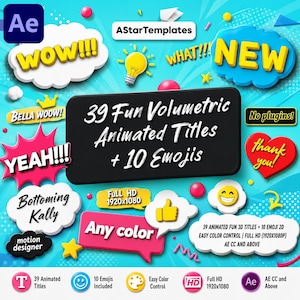 May include: A digital graphic featuring 39 Fun Volumetric Animated Titles and 10 Emojis with various speech bubbles, stars, and hearts in yellow, pink, and blue. The central black rectangle displays the text 39 Fun Volumetric Animated Titles + 10 Emojis.