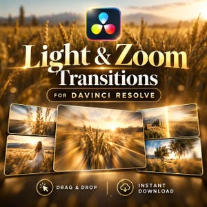May include: A digital graphic for Light & Zoom Transitions for DaVinci Resolve featuring a colorful logo, bold white text, and five rectangular preview windows showing golden hour wheat fields with motion blur and light effects.