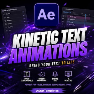 Peut inclure: Un graphique numérique pour Kinetic Text Animations avec le logo Adobe After Effects, une interface de montage et du texte violet en gras. Il inclut des icônes pour la personnalisation, les animations fluides, la facilité d'utilisation et la 4K.