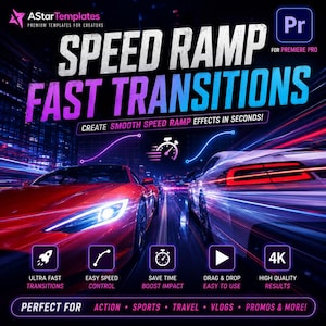 May include: A digital template graphic for Adobe Premiere Pro titled SPEED RAMP FAST TRANSITIONS. It features a red sports car and a white sports car on a highway at night with motion blur. Includes icons for speed, rocket, and 4K quality.