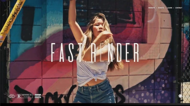 May include: A person in a white top and denim shorts is dancing in front of a colorful graffiti wall. The words "FAST RENDER" are displayed in large white letters. The background features a mix of blue, pink, and purple hues.