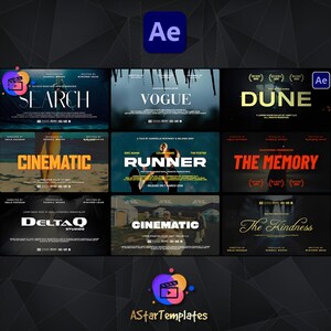May include: A collection of movie title cards with various designs and fonts. Titles include "Search", "Vogue", "Dune", "Cinematic", "Runner", "The Memory", "DeltaQ Studios", and "The Kindness". The "Ae" logo is present.