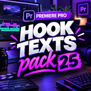 May include: A digital graphic featuring the text Premiere Pro Hook Texts Pack 25 in bold white and purple lettering. The design includes the Adobe Premiere Pro logo and is set against a blurred background of a computer monitor and keyboard.