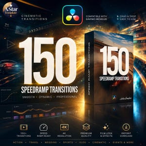 Puede incluir: Imagen promocional para software de edición de vídeo. La imagen presenta el número "150" en fuente blanca grande, con las palabras "Speedramp Transitions" debajo. El producto promete transiciones suaves, dinámicas y profesionales, compatibles con DaVinci Resolve.