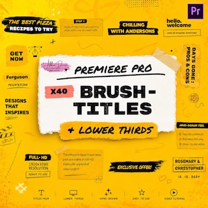 May include: A digital graphic template for Premiere Pro featuring the text Premiere Pro Brush-Titles + Lower Thirds on a torn white paper background. The yellow backdrop includes various hand-drawn elements, text snippets, and icons.