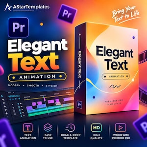 以下が含まれることがあります： オレンジ、イエロー、ブルーのグラデーションデザインが施された、Premiere Proテンプレート用のデジタル製品ボックス。Elegant Text Animationと記されており、Elegant Text、Premiere Pro Templates、Bring Your Text to Lifeというテキストが表示されています。