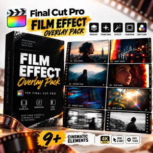 May include: A Final Cut Pro Film Effect Overlay Pack box featuring black packaging with white and yellow text. The box displays eight sample video frames showing film grain, light leaks, vintage film, film burn, damage noise, lens flare, motion blur, and cinematic frames.