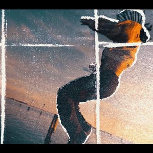 May include: An artistic image of a person in motion, silhouetted against a sunset sky. The figure is wearing a hat and dark pants, with arms outstretched. The background features a bridge and water, with a textured, artistic overlay.