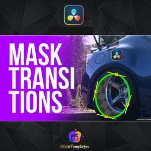 Könnte beinhalten: Grafik mit dem Text "MASK TRANSITIONS" in Weiß auf lila Hintergrund. Ein Autorad wird mit einem grünen Kreis und gelben Linien hervorgehoben. Das DaVinci Resolve-Logo befindet sich oben links und auf dem Auto.