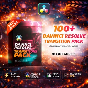 May include: A product box with the text "DAVINCI RESOLVE TRANSITIONS PACK" and "100+ DAVINCI RESOLVE TRANSITION PACK" is displayed. The image has a dark background with orange and yellow highlights. The product promises fast render, easy use, and works in DaVinci Resolve.