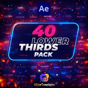 May include: A digital graphic with a dark blue background and a neon blue frame. The text "40 LOWER THIRDS PACK" is displayed in white and pink. The image also includes the text "Ae" and "AStarTemplates".