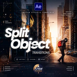 Może przedstawiać: Obraz promocyjny dla szablonu After Effects o nazwie "Split Object Transitions". Projekt przedstawia krajobraz miejski z osobą przechodzącą przez ulicę. Tekst zawiera "Clean Typography", "Easy to Use" i "4K Ready".