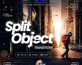 May include: An advertisement for an After Effects template, "Split Object Transitions," set against a city backdrop. The image includes text such as "Clean Typography" and "4K Ready." A person is crossing the street in the foreground.