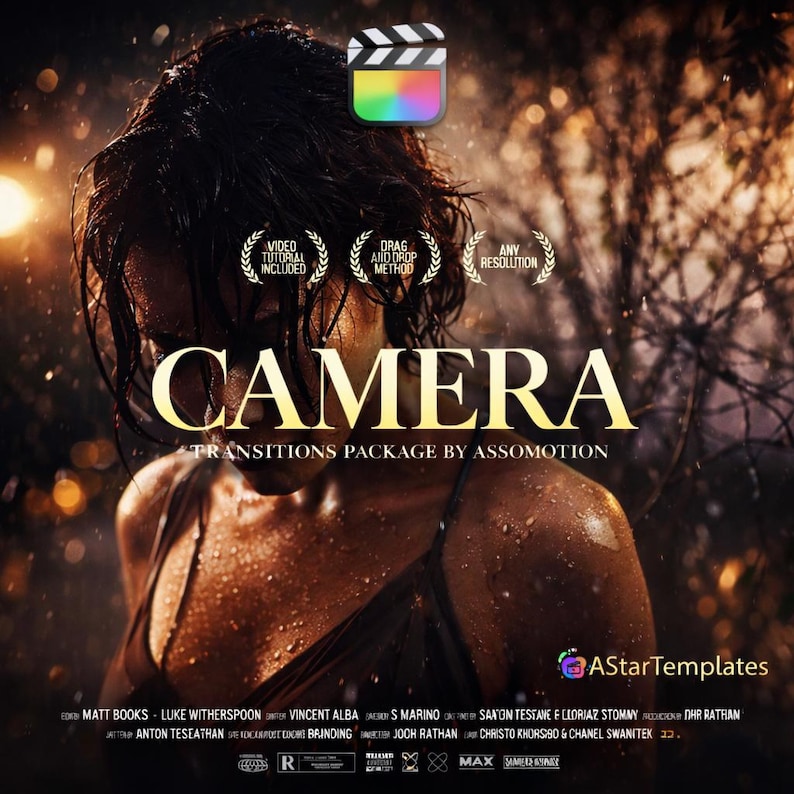 May include: A promotional image for a video transitions package. The word "CAMERA" is prominently displayed in gold, with "TRANSITIONS PACKAGE BY ASSOMOTION" below. Includes icons and text indicating video tutorial, drag and drop method, and any resolution.