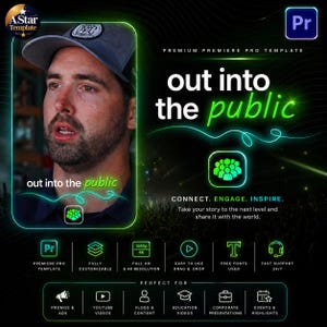 Puede incluir: Imagen promocional para una plantilla de Premiere Pro. La imagen presenta a un hombre con una gorra de béisbol, con el texto "out into the public" en blanco y verde. Texto adicional destaca características como resolución 1080p/4K y arrastrar y soltar.