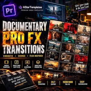 May include: A digital product display for Documentary Pro FX Transitions featuring a grid of video thumbnails, a clapperboard with the text Real Footage Real Emotions Better Edits, and icons indicating 4K resolution, drag and drop, and Premiere Pro compatibility.