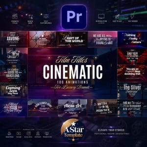 Puede incluir: Gráfico promocional para una plantilla de edición de vídeo, con el logotipo de Adobe Premiere Pro. El diseño muestra varias animaciones de títulos cinematográficos con superposiciones de texto como "CINEMATIC", "100 ANIMATIONS" y "For Luxury Brands". La combinación de colores es oscura con acentos dorados.