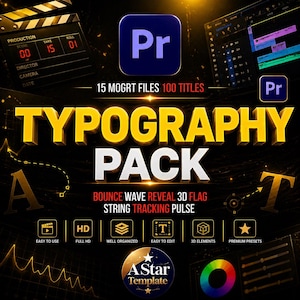 May include: A promotional image for a typography pack, featuring the text "TYPOGRAPHY PACK" in large, yellow, 3D letters. The image includes the Adobe Premiere Pro logo, a film clapperboard, and icons indicating features like "Easy to Use" and "HD Full HD".
