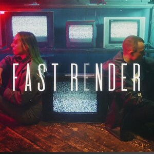 以下が含まれることがあります： 白い文字で「FAST RENDER」と書かれたウェブサイトのランディングページ。2人の人物が木製の表面に座っており、互いに背を向けています。彼らの後ろには、静止画を表示するいくつかのヴィンテージテレビがあります。