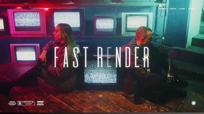 以下が含まれることがあります： 白い文字で「FAST RENDER」と書かれたウェブサイトのランディングページ。2人の人物が木製の表面に座っており、互いに背を向けています。彼らの後ろには、静止画を表示するいくつかのヴィンテージテレビがあります。