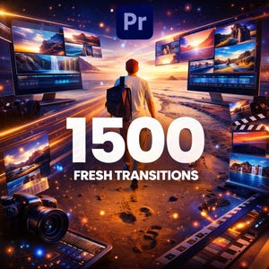 May include: An artistic digital image promoting video editing transitions. The image features a person walking on a beach, surrounded by computer screens, cameras, and the text "1500 FRESH TRANSITIONS" with the Adobe Premiere Pro logo.