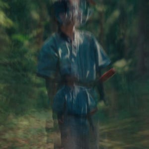 May include: A person in a blue shirt and pants, holding a red object, possibly a sword, in a blurred forest setting. The image has a soft focus, with green foliage in the background.