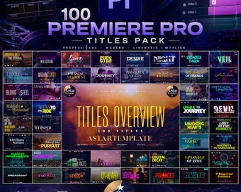May include: A promotional graphic for Premiere Pro titles. The image features a grid of title templates with various themes, including "Night," "Journey," and "Music." The text "100 Premiere Pro Titles Pack" is prominently displayed, along with "AStarTemplate."