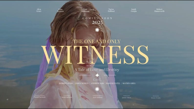 Puede incluir: Un cartel de pel&iacute;cula con una mujer en el agua, con el t&iacute;tulo "WITNESS" en letras doradas grandes. El lema es "A Tale of Love and Destiny". Las palabras "COMING SOON 2025" tambi&eacute;n son visibles.