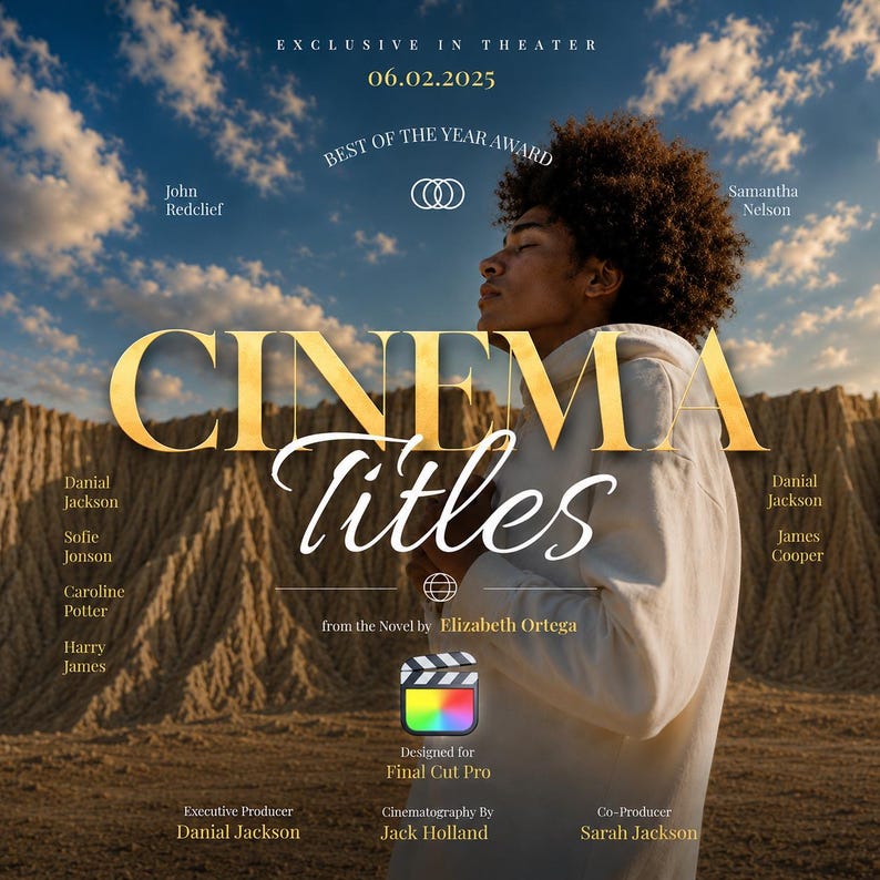Puede incluir: Un cartel de pel&iacute;cula con el t&iacute;tulo "CINEMA titles" en letras doradas. La imagen muestra a una persona con los ojos cerrados, sobre un paisaje des&eacute;rtico y un cielo azul. El cartel incluye nombres, cr&eacute;ditos y "BEST OF THE YEAR AWARD".