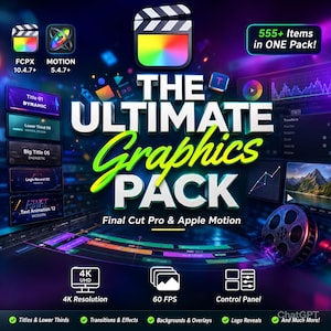 May include: A promotional graphic for a graphics pack for Final Cut Pro and Apple Motion. The image features the text "THE ULTIMATE Graphics PACK" in large, stylized lettering, along with icons and text indicating features like 4K resolution and 60 FPS.
