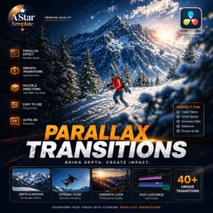 May include: A promotional image for video editing templates. The image features a snowy mountain scene with a skier. Text includes "Parallax Transitions" and "40+ Unique Transitions." Additional text highlights features like "Depth & Motion" and "Easy to Use."